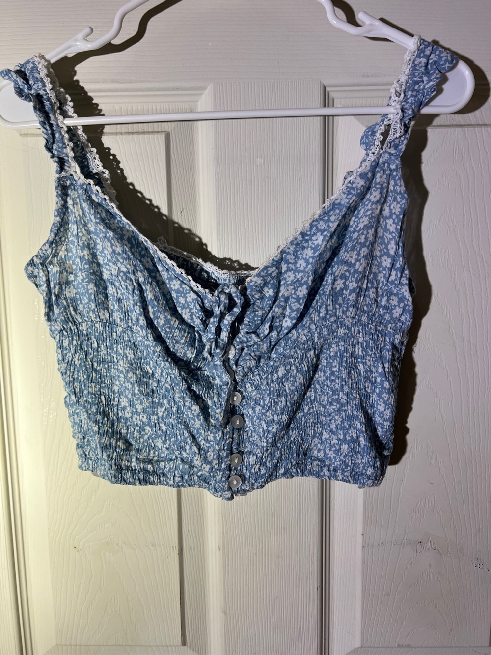 Smocked Blue Floral Button-Front Crop Top